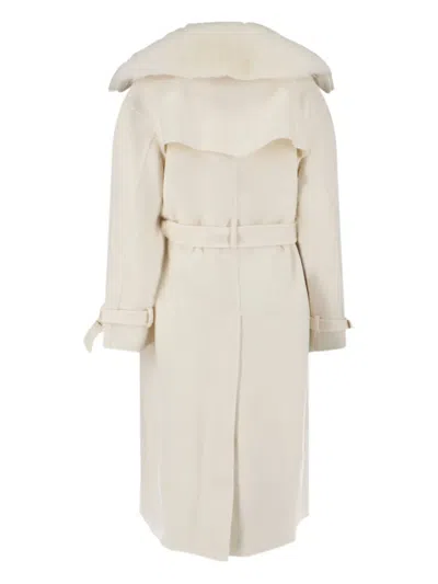Ermanno Scervino Single-breasted Midi Tailored Coat With Belt And Collar In Real Sheepskin Fur In Gold