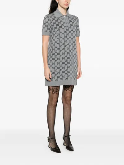 Gucci Gg Wool Dress With Ribbed Profiles In Gray