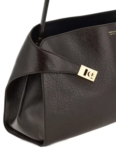 Ferragamo Dark Brown Leather Medium Hug Soft Shoulder Bag In Black