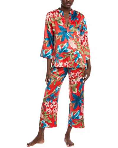 N Natori 2pc Tropical Breeze Satin Top & Pant Set In Red