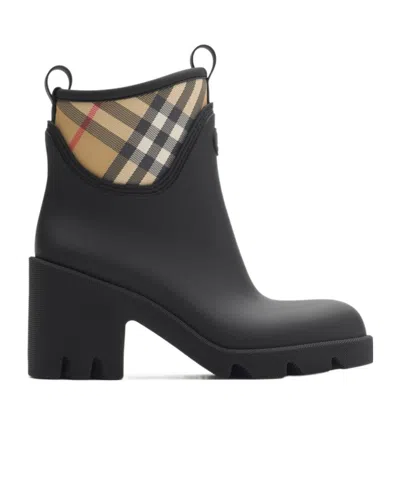 Burberry Marsh Stamp Checked Nylon-trimmed Rubber Ankle Boots In Black