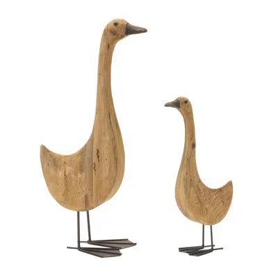 Melrose International Natural Fir Wood Goose Figurine With Rustic Metal Accents (set Of 2) - Brown, Black
