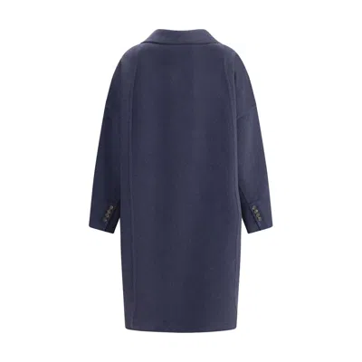 Brunello Cucinelli Double-breasted Black Cashmere Coat With Peak Lapels In Blue