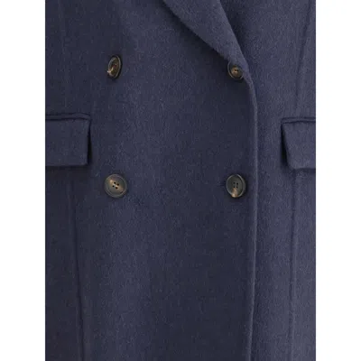 Brunello Cucinelli Double-breasted Black Cashmere Coat With Peak Lapels In Blue