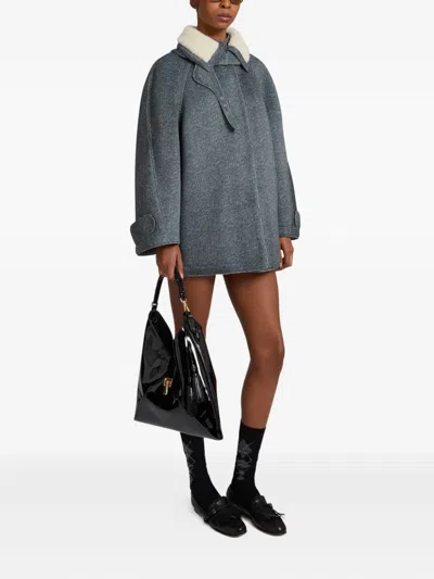 Ermanno Scervino Herringbone-pattern Faux-fur Collar Coat In Blue
