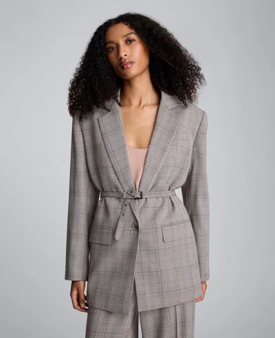 Kenneth Cole Plaid One Button Belted Jacket