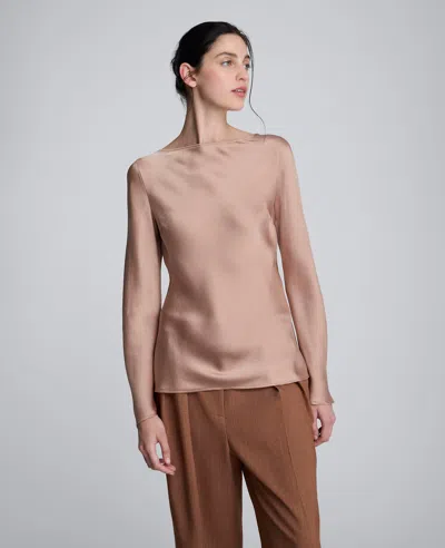 Kenneth Cole Solid Satin Cowl Back Long Sleeve Blouse In Pink