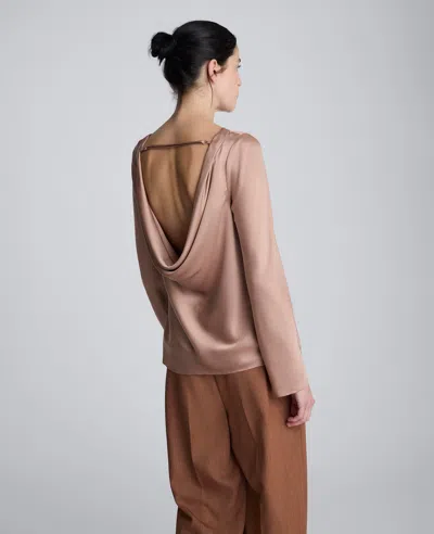 Kenneth Cole Solid Satin Cowl Back Long Sleeve Blouse In Pink