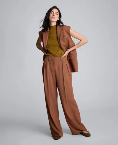 Kenneth Cole Melange High Rise Fly Front Double Pleat Wide Leg Pant In Brown