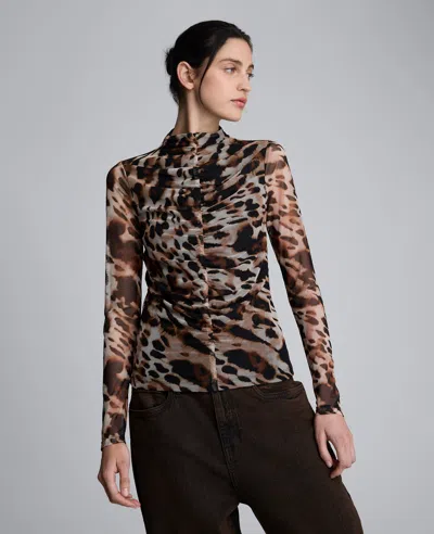 Kenneth Cole Long Sleeve Animal Printed Center Front Turtleneck Knit Ruched Top In Brown
