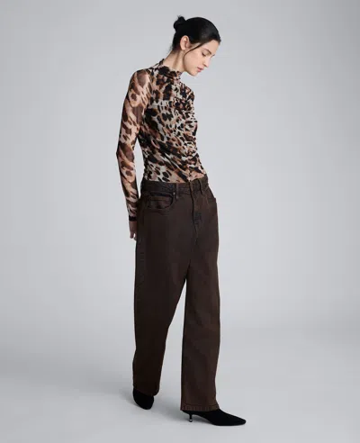 Kenneth Cole Long Sleeve Animal Printed Center Front Turtleneck Knit Ruched Top In Brown