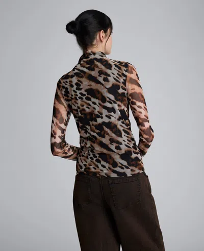Kenneth Cole Long Sleeve Animal Printed Center Front Turtleneck Knit Ruched Top In Brown