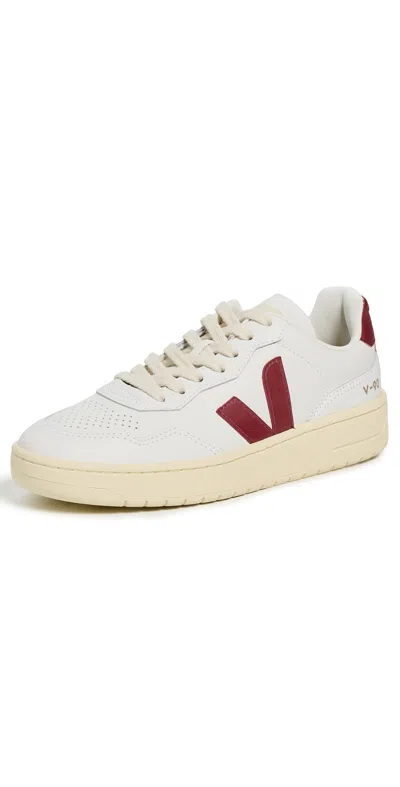 Veja V-90 Panelled Leather Sneakers In White And Red