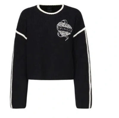 Pinko Round-neck Sweater With Bejewelled Embroidery In Blue