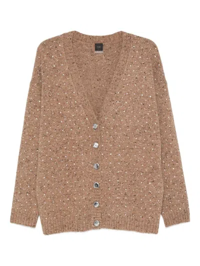 Pinko Bouclé Fabric Cardigan With Rhinestones In Brown