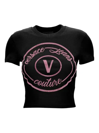 Versace Jeans Couture Fitted Short Sleeve Crew Neck Top In Black