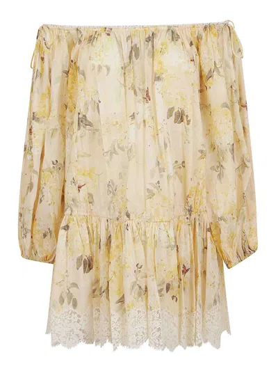 Zimmermann Cascadian Off-the-shoulder Lace-trimmed Printed Cotton-voile Mini Dress In Yellow