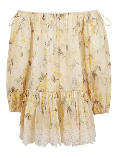 Zimmermann Cascadian Off-the-shoulder Lace-trimmed Printed Cotton-voile Mini Dress In Yellow