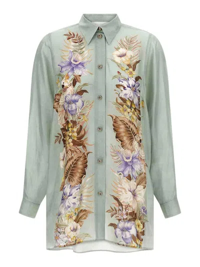 Zimmermann Floral Silk Shirt Featuring Buttoned Cuffs In Green