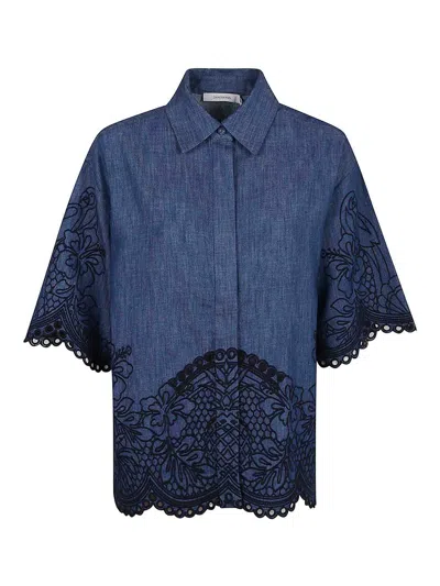 Zimmermann Denim Shirt With Floral Embroidery And Collared Neck In Blue