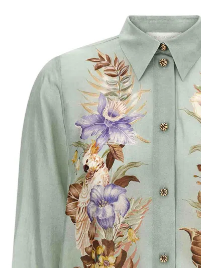 Zimmermann Floral Silk Shirt Featuring Buttoned Cuffs In Green