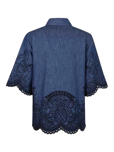 Zimmermann Denim Shirt With Floral Embroidery And Collared Neck In Blue
