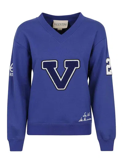 Valentino Blue Cotton "v" College Sweatshirt In Blue