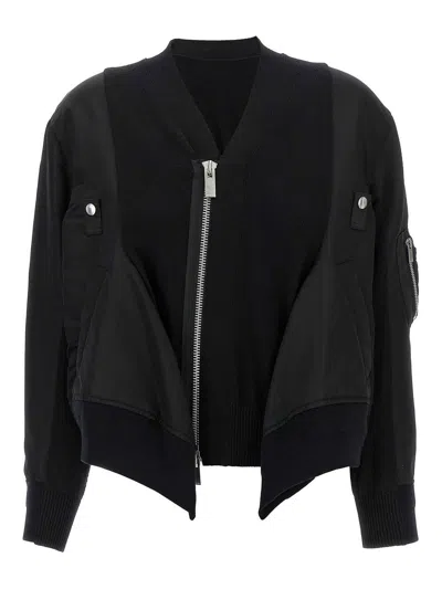 Sacai Black Cotton Blend And Nylon Bomber Jacket In Blue