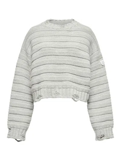 Mm6 Maison Margiela Mm6 By Maison Margiela Cropped Grey Sweater With Ribbed Knit In Gray