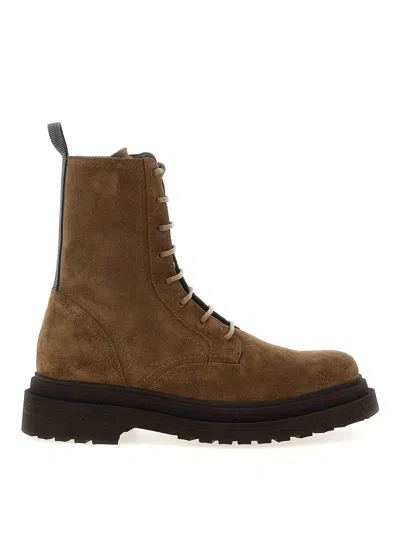 Brunello Cucinelli Suede Combat Boots Monile In Brown