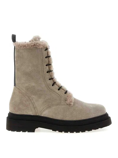 Brunello Cucinelli Suede Boot With Shearling Lining And Shiny Loop Detail In Gray