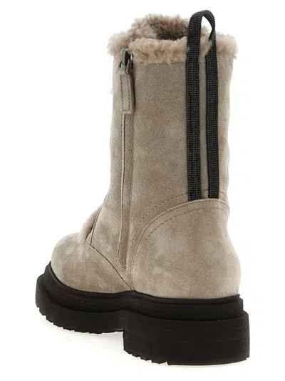 Brunello Cucinelli Suede Boot With Shearling Lining And Shiny Loop Detail In Gray