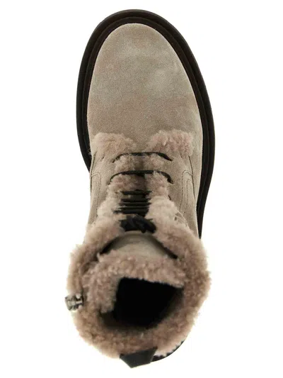 Brunello Cucinelli Suede Boot With Shearling Lining And Shiny Loop Detail In Gray