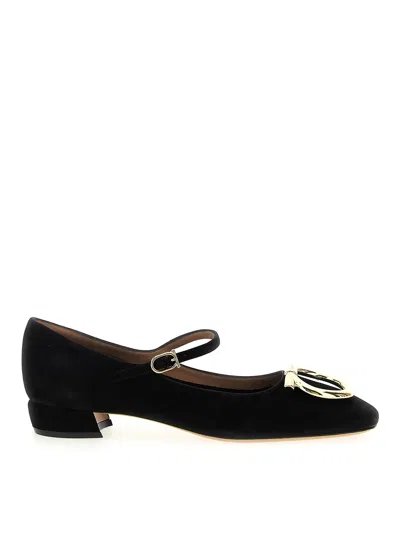 Ferragamo Suede Gancini Heeled Ballerina With Gold Hardware In Black