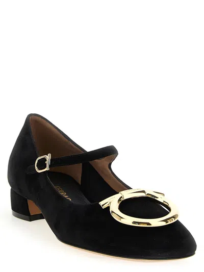 Ferragamo Suede Gancini Heeled Ballerina With Gold Hardware In Black