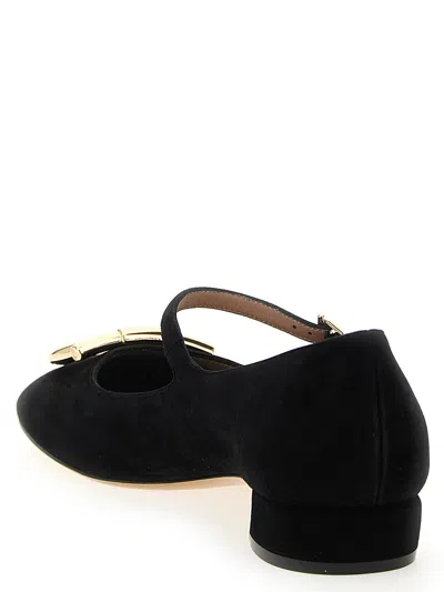 Ferragamo Suede Gancini Heeled Ballerina With Gold Hardware In Black