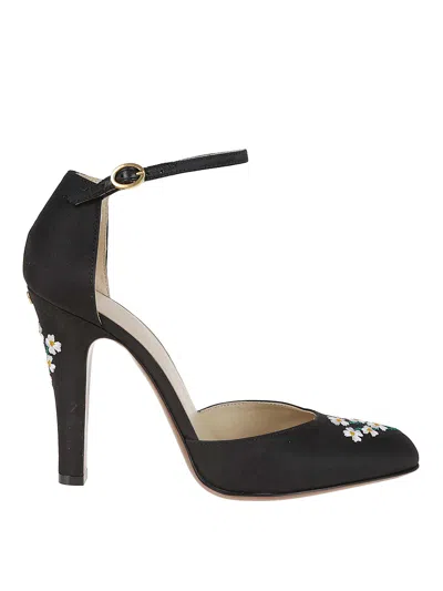 Valentino Floral Embroidered Round Toe Ankle Strap Pumps In Black