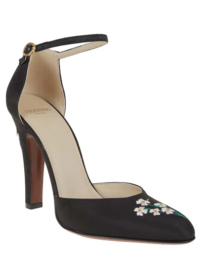 Valentino Floral Embroidered Round Toe Ankle Strap Pumps In Black