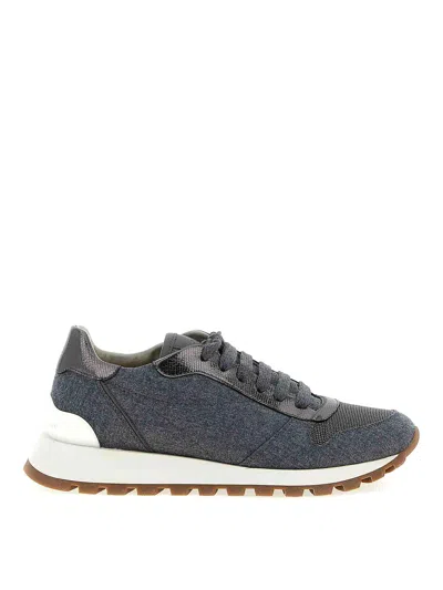 Brunello Cucinelli Runners In Techno Fabric And Calfskin With Precious Trim In Gray