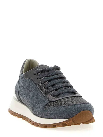 Brunello Cucinelli Runners In Techno Fabric And Calfskin With Precious Trim In Gray