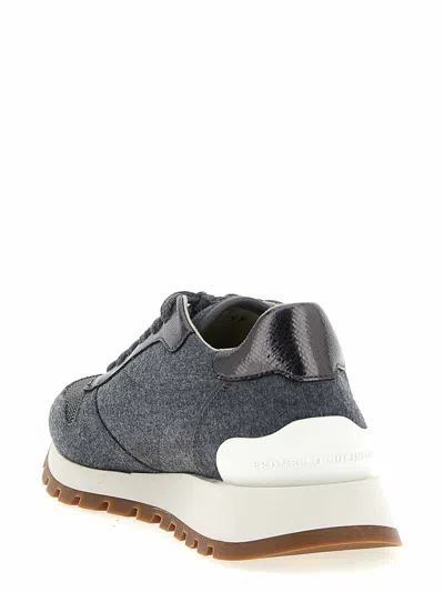 Brunello Cucinelli Runners In Techno Fabric And Calfskin With Precious Trim In Gray