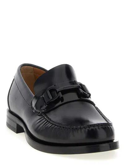 Ferragamo Black Reversible Gancini Ornament Loafers In Nero