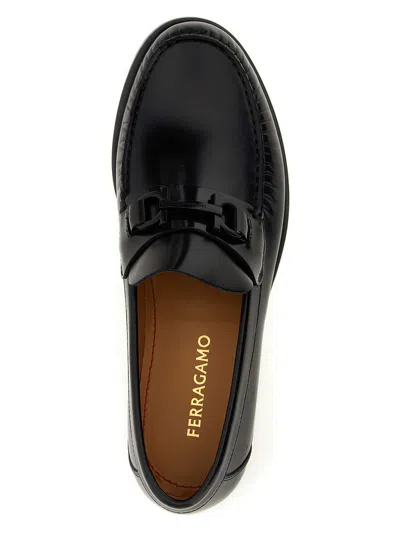 Ferragamo Black Reversible Gancini Ornament Loafers In Nero