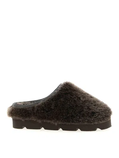 Brunello Cucinelli Round Toe Faux Fur Flat Sole Sandals In Brown