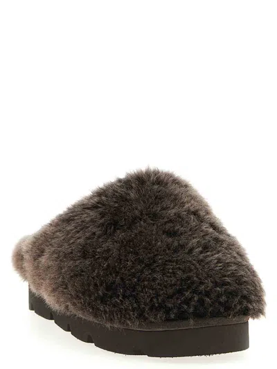 Brunello Cucinelli Round Toe Faux Fur Flat Sole Sandals In Brown