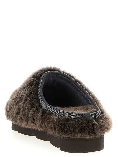 Brunello Cucinelli Round Toe Faux Fur Flat Sole Sandals In Brown