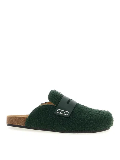 Jw Anderson Slip-on Mules With Fuzzy Texture And Buckle Detail In Green