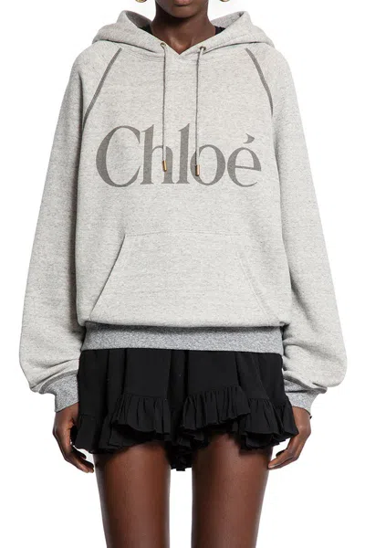 Chloé Cotton Blend Logo Hoodie In Gray