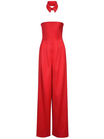 Christina Crawford Pleated Tailored Corseted Jumpsuit In Red