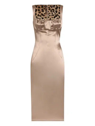 Dolce & Gabbana Ruched Stretch-satin Midi Dress In Brown
